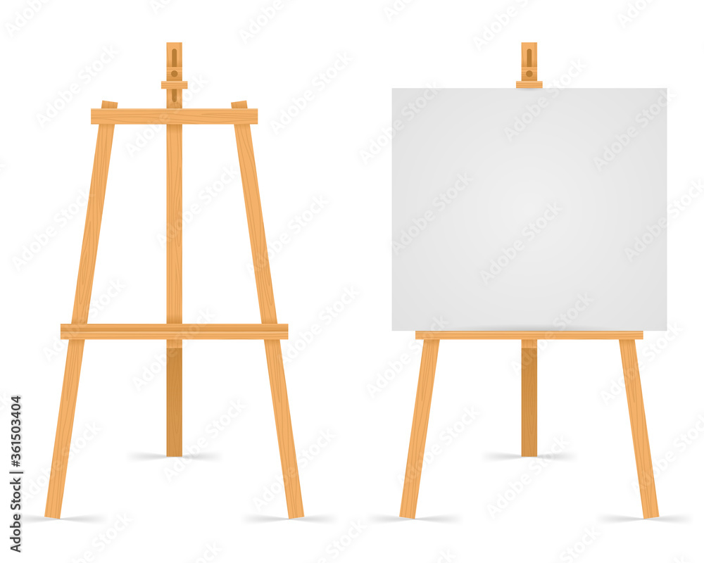 Wooden easel empty blank paper mock up isolated on white vector illustration Wooden easel empty blank paper mock up isolated on white vector illustration