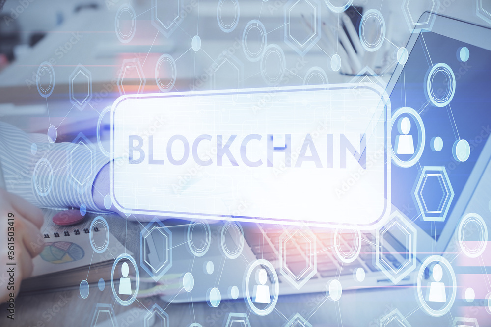 Blockchain theme hud with businessman working on computer on background. Concept of crypto chain. Double exposure. Blockchain theme hud with businessman working on computer on background. Concept of crypto chain. Double exposure.
