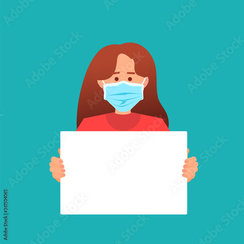 Woman in protective medical mask holding protest poster on green background. Rights and freedom concept, strike