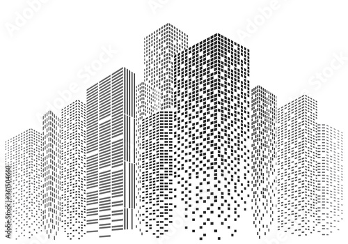 Silhouettes of city skyscrapers. Buildings with light windows