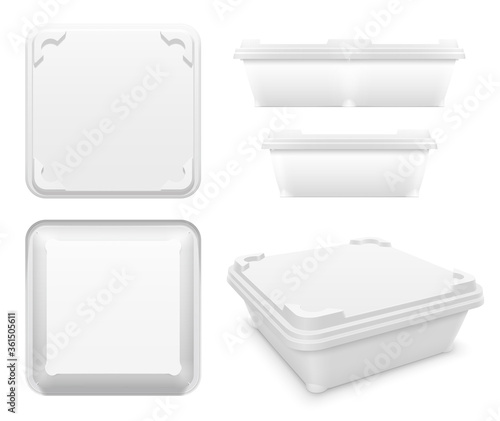 Vector square plastic container with motionless locking system. Set of various views. Packaging mockup illustration.