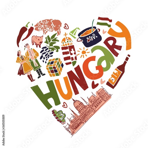Stylized heart in a vector with the symbols of Hungary, words Hungary in the center written in colored letters. Tourist emblem for guides to Hungary in cartoon style drawn by hand. Vector illustration photo
