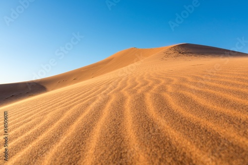 Fototapeta Naklejka Na Ścianę i Meble -  Closeup of sand ripples on sand dunes in a desert against  clear blue sky