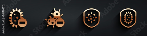 Set Negative virus, Negative virus, Shield protecting from virus and Shield protecting from virus icon with long shadow. Vector.