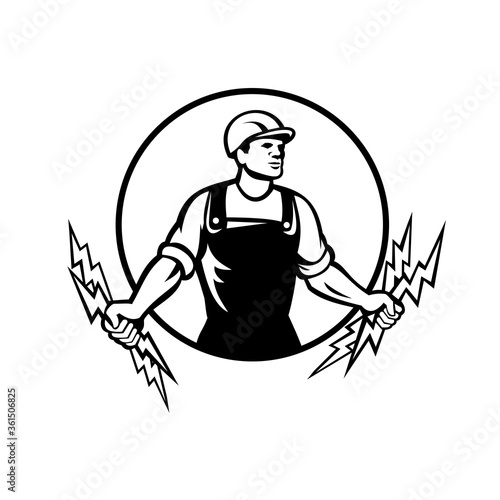 Electrician Power Lineman Holding Two Lightning Bolts Circle Retro Black and White
