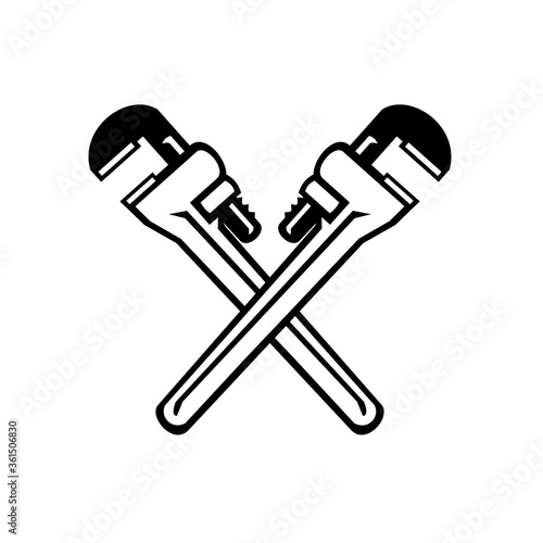Crossed Adjustable Pipe Wrench or Monkey Wrench Retro Black and White