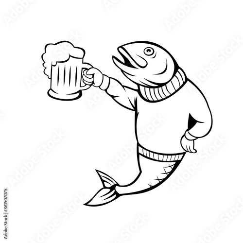 Trout or Salmon Fish Holding Up Beer Mug of Ale Wearing Sweater Cartoon Black and White