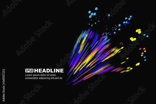 Abstract graphic texture background with colorful particles and rays.