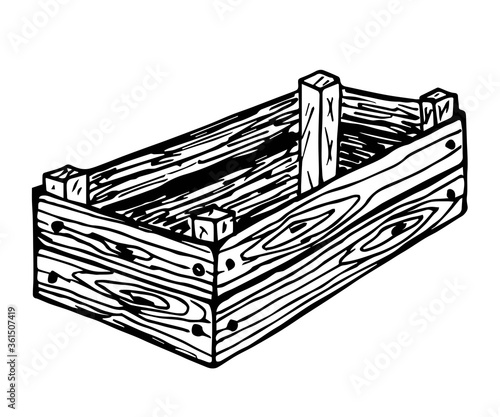 Hand-drawn black outline vector illustration. Drawing of a box of wooden boards on a white background. Containers for storage, transportation, packaging, market, goods.