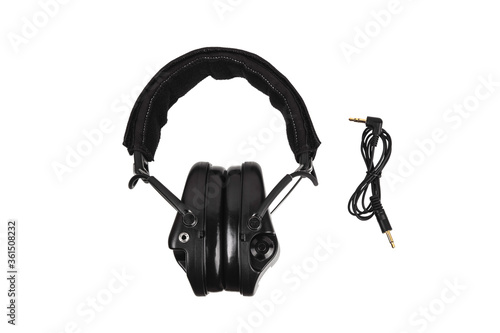 Modern active protective earphones isolate on a white back. A device for protecting ears and hearing from loud sounds. Headphones for shooting and work in production and construction.