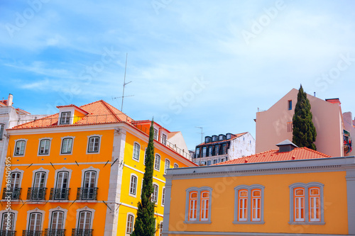 Residential District in Lisbon . Yellow Colored Houses