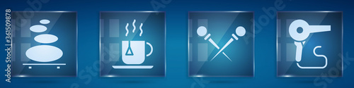 Set Stack hot stones, Cup of tea with tea bag, Knitting needles and Hair dryer. Square glass panels. Vector.