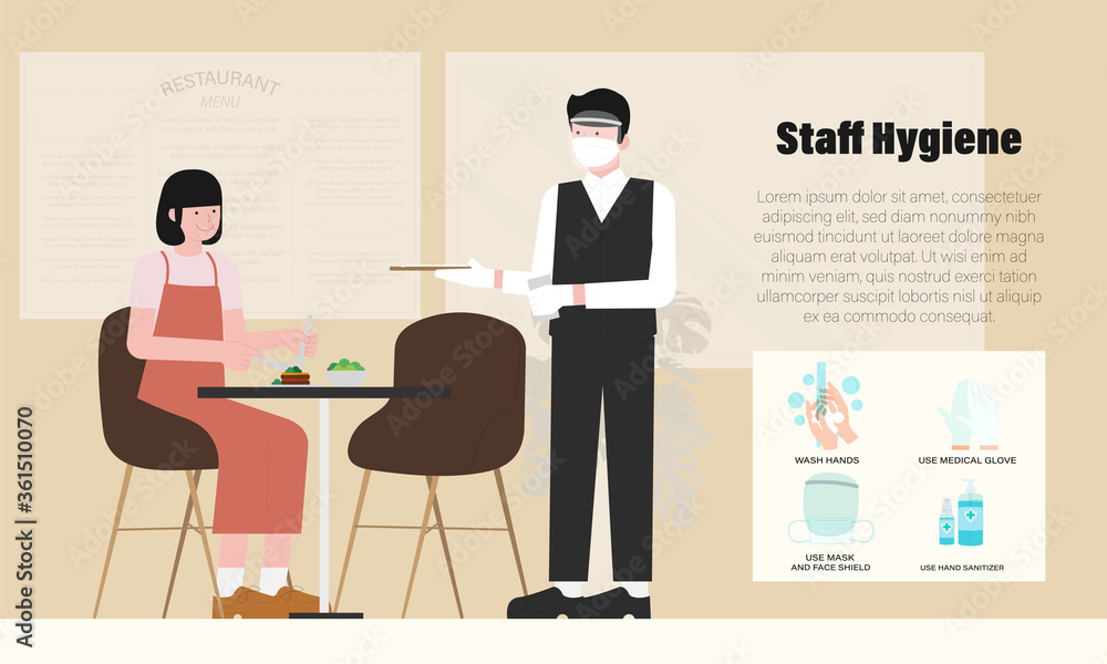 New normal of restaurant infographic with waiter wearing mask, medical grove, staff hygiene vector illustration New normal of restaurant infographic with waiter wearing mask, medical grove, staff hygiene vector illustration