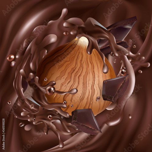Hazelnut with chocolate pieces in liquid chocolate.