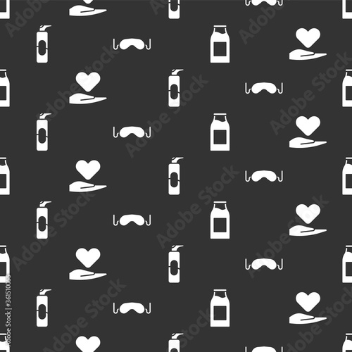 Set Bottle with milk, Heart on hand, Spray can for hairspray and Eye sleep mask on seamless pattern. Vector.