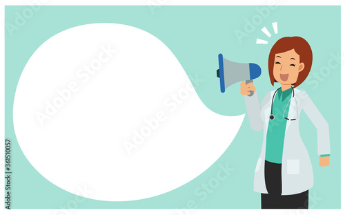 Vector flat cartoon character of woman doctor take microphone to announce.Doctor holding megaphone.