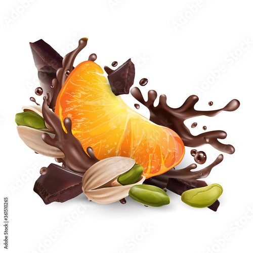 Tangerine and pistachios with chocolate pieces and splashes.