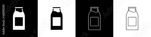 Set Closed glass bottle with milk icon isolated on black and white background. Vector Illustration.