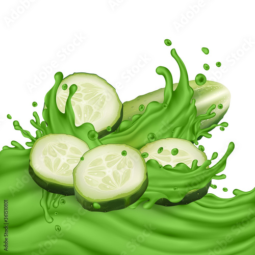 Sliced cucumber, and green juice splashing wave