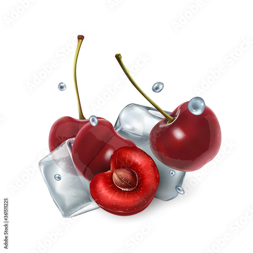 Juicy cherry berries with ice cubes and water droplets