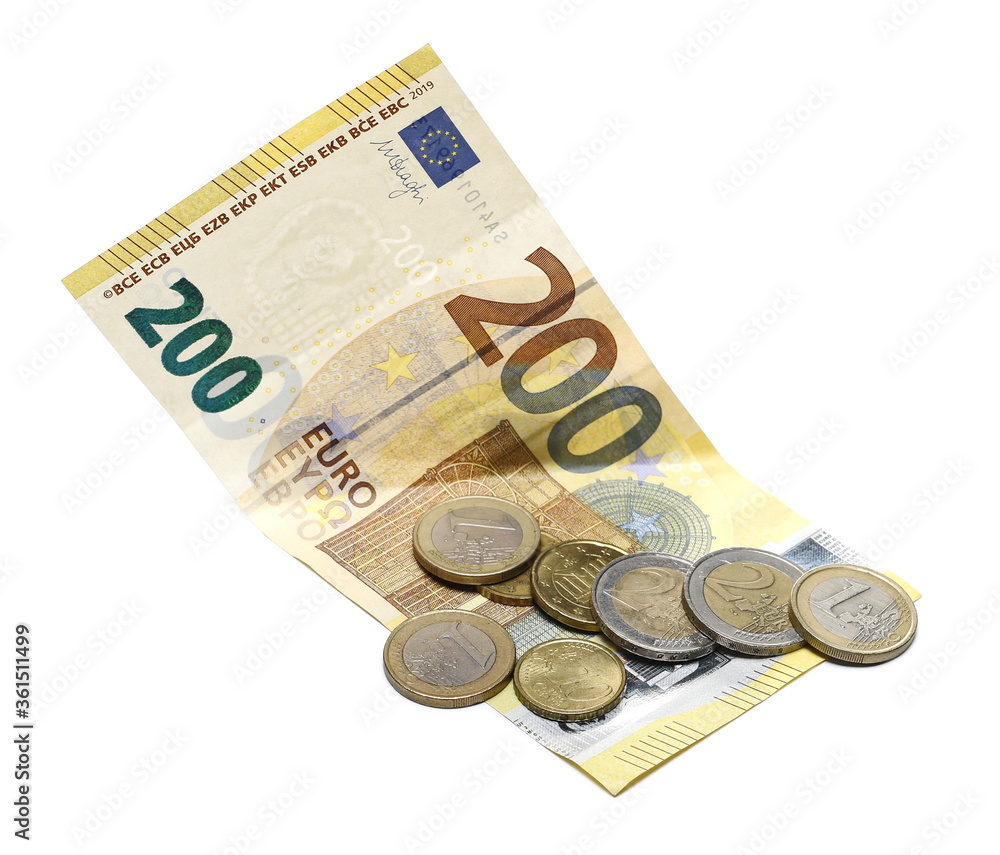 Two hundred euro banknote, bill with change, cash paper money and coins isolated on white background Two hundred euro banknote, bill with change, cash paper money and coins isolated on white background