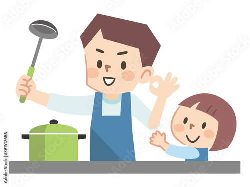 料理をする親子のイラストレーション