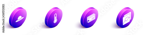 Set Isometric Elegant women hat, Meteorology thermometer, Credit card and Photo icon. Vector.