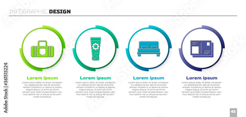 Set Suitcase, Sunscreen cream in tube, Big bed and Passport with visa stamp. Business infographic template. Vector.