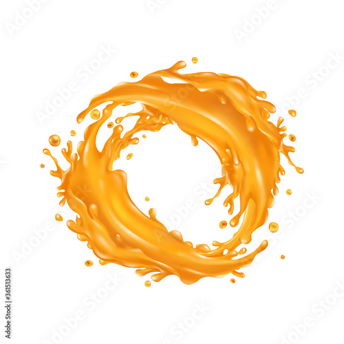 Orange juice splashes circle on a white background