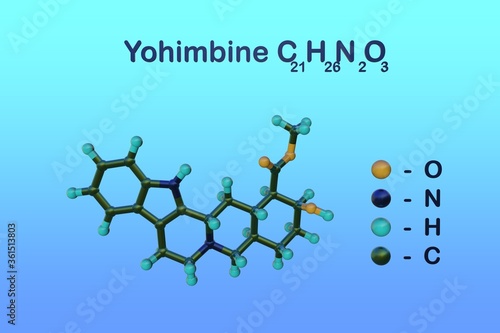 Structural chemical formula and molecular model of yohimbine, a potential treatment for erectile dysfunction, a veterinary drug used to reverse sedation in dogs and deer. 3d illustration photo