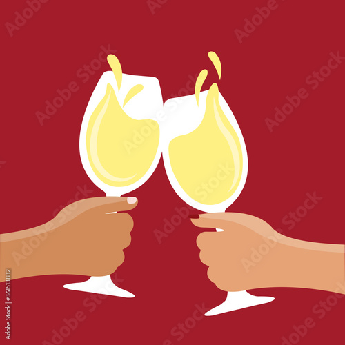two hands clinking cheers with a flat design white wine glasses & splashing. Hand of a man & woman holding glasses of wine. couple in love clinking with wine enjoy and fun  on a red background