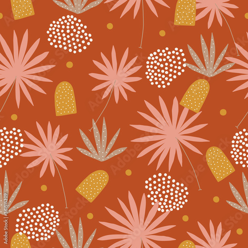 Hand drawn seamless pattern with palm leaves, dots, geometric shapes