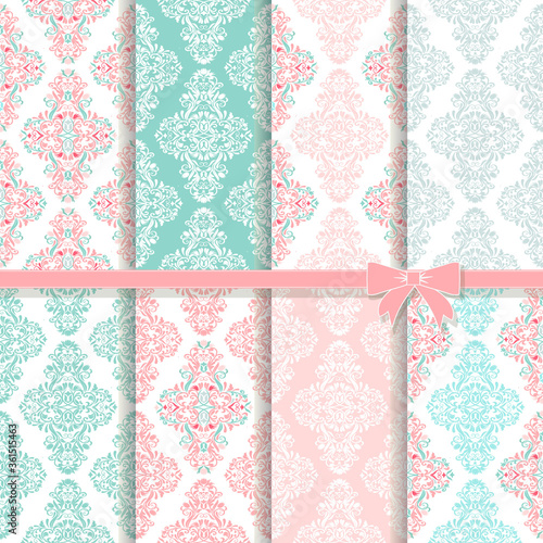 collection of 8 vintage damask colorful seamless abstract patterns