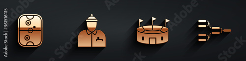 Set Air hockey table, Hockey coach, Hockey stadium and Championship tournament bracket icon with long shadow. Vector.