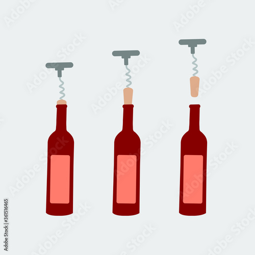 Three steps cartoon - open red wine bottle vector for holiday. winery festival flat design style modern. opener isolated wine uncork & open bottle of wine. 