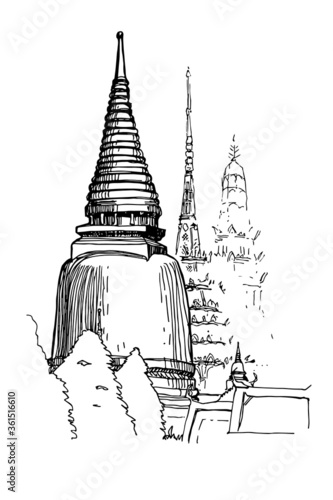 Simple illustration of  Wat Phra Kaew, or Temple of the Emerald Buddha in the Grand Palace in Bangkok, Thailand. 