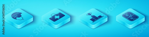 Set Isometric Hockey helmet, First aid kit, Air hockey table and Hockey over sports winner podium icon. Vector.