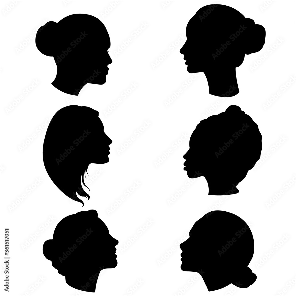 Set of silhouettes of women in profile. Vector female icons. Isolated illustrations of different people.