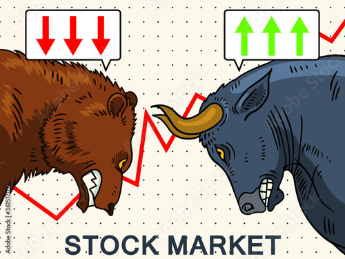 Angry bull and bear as symbols of stock market trends. Vector illustration in cartoon style