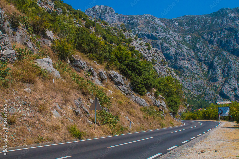 Fototapeta premium Lanscape and frame about all mountains and nature around kotor. Bay of Kotor is is the winding bay of the Adriatic Sea in southwestern Montenegro. Kotor is part of UNESCO.