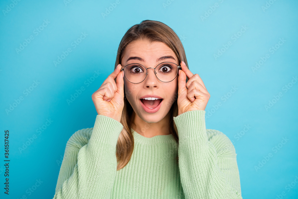 Close-up portrait of her she nice-looking attractive lovely pretty glad amazed cheerful cheery girl scientist touching specs isolated over bright vivid shine vibrant blue green color background Close-up portrait of her she nice-looking attractive lovely pretty glad amazed cheerful cheery girl scientist touching specs isolated over bright vivid shine vibrant blue green color background