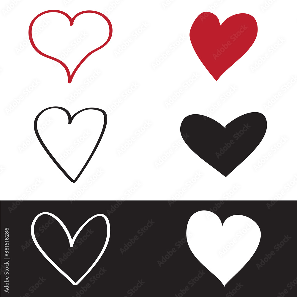 Heart icons set isolated on white background. Modern collection of different red, black and white hearts for sticker, label, tattoo art, love logo and Valentine's day. Vector illustration