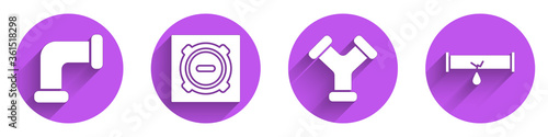 Set Industry metallic pipe, Manhole sewer cover, Industry metallic pipe and Broken pipe with leaking water icon with long shadow. Vector.