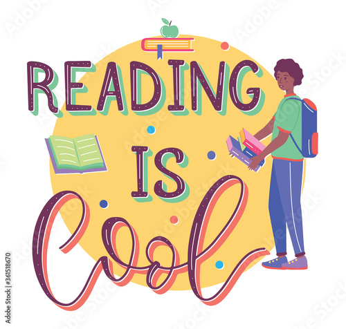 Reading is cool - Student with book in flat cartoon stile and lettering. Human male charter and colored text
