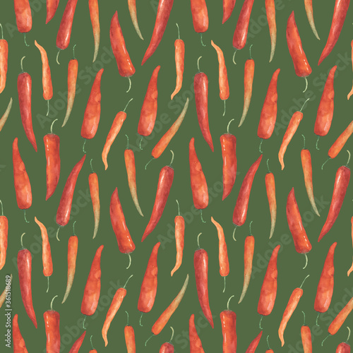 Red chili or cayenne pepper on a green background. Seamless watercolor pattern with red chili pepper. A backdrop of red hot chilli peppers.
