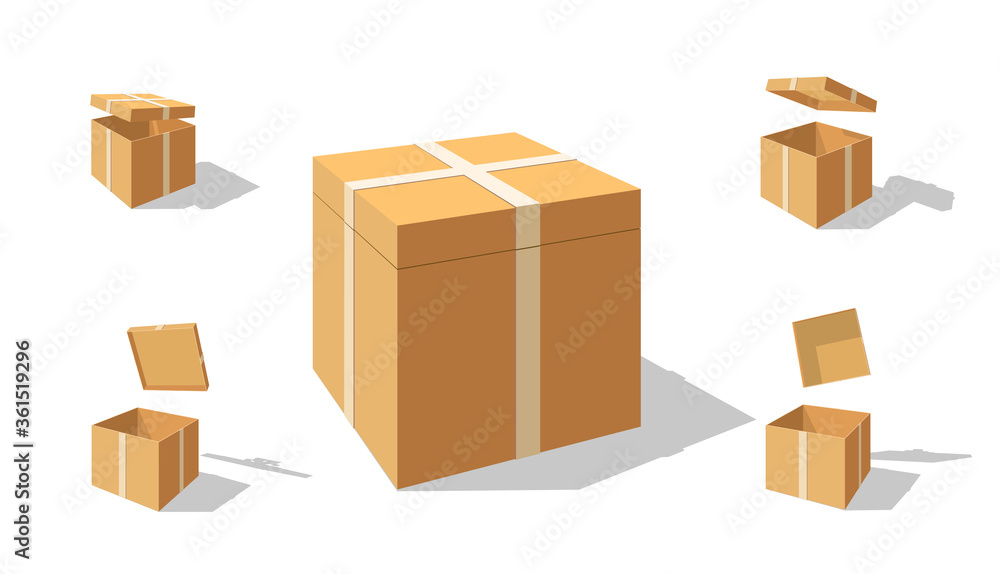 Set of opening boxes at different angles in perspective. Carton gift boxes delivery packaging open and closed box. mockup set