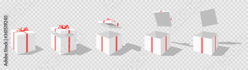 Set of opening boxes at different angles in perspective. Pink cardboard box. Surprise gift box. Carton gift boxes delivery packaging open and closed box with bows mockup set