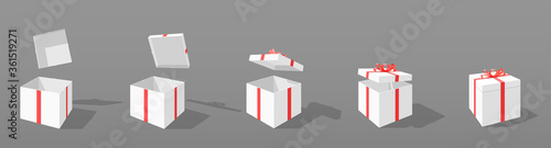 Set of opening boxes at different angles in perspective. Pink cardboard box. Surprise gift box. Carton gift boxes delivery packaging open and closed box with bows mockup set