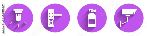 Set Motion sensor, Door handle, Fire extinguisher and Security camera icon with long shadow. Vector.