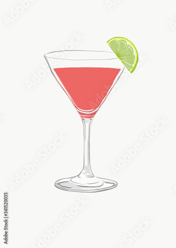 A hand drawn illustration of a cosmopolitan cocktail with a wedge of lime on the glass rim.  A fresh dark pink red and green colour palette of the fashionable ad popular cocktail known as a cosmo.